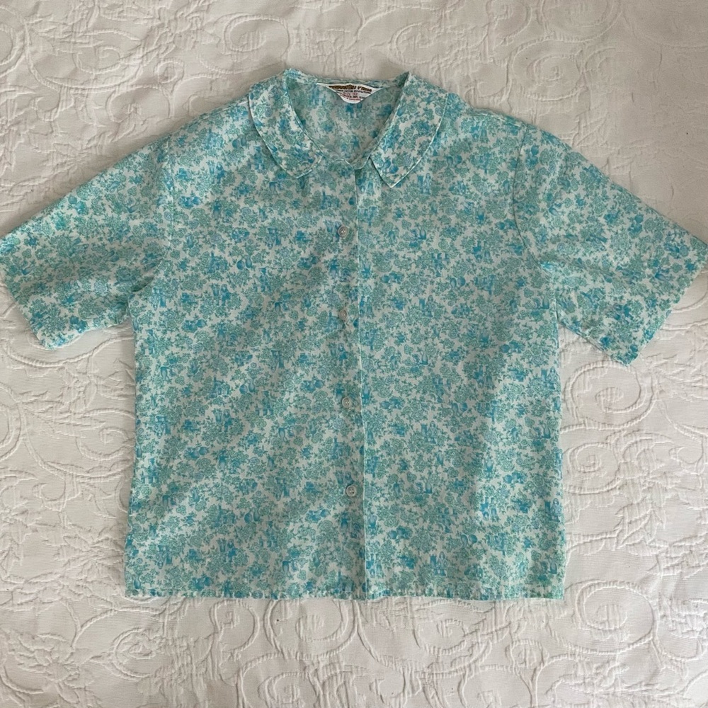 Vintage 1960s Cotton Shirt Short Sleeve Castle Floral Print Hong Kong - Picture 3 of 15